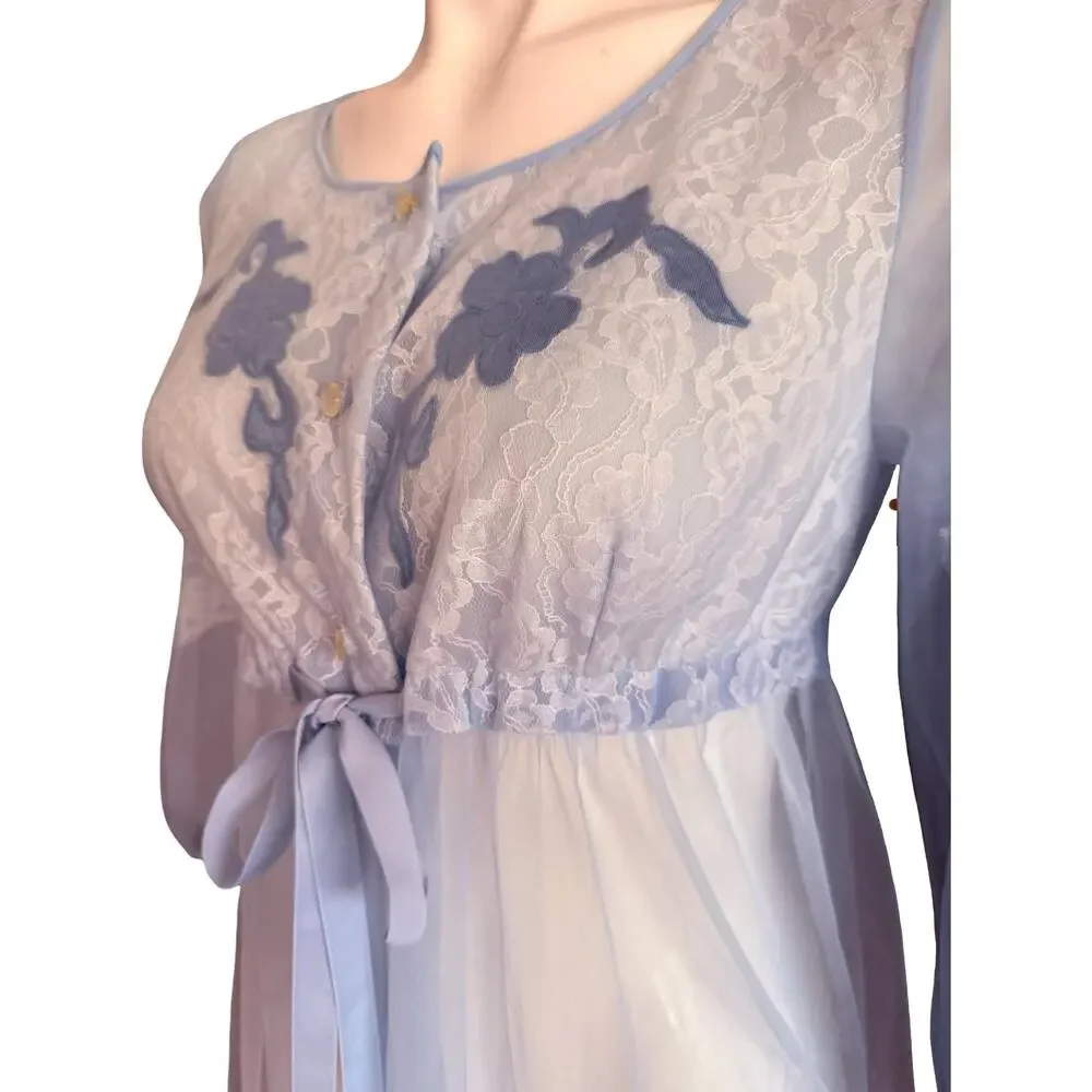 Movie Star Vintage 1970s Sheer Peignoir Robe Baby Blue Lace Floral Appliqué Sz S